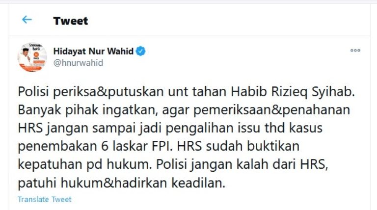 tangkapan layar cuitan Hidayat Nur Wahid di Twitter @hnurwahid