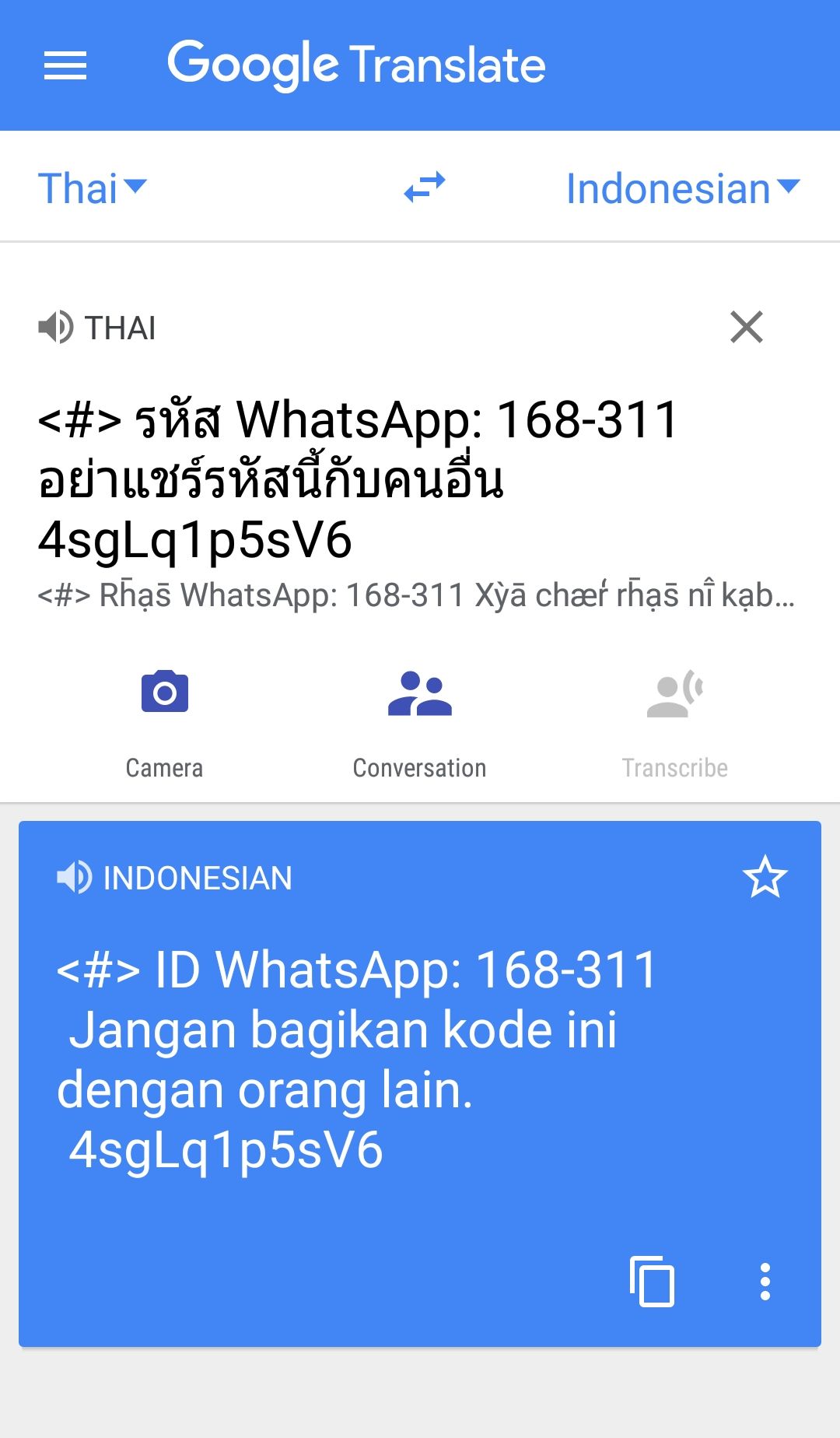 Pesan bahasa Thailand dari Whatsapp yang diartikan ke dalam Bahasa Indonesia