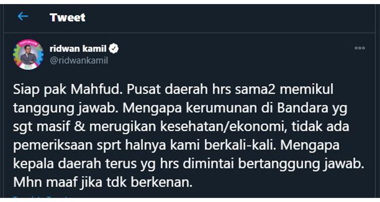 Cuitan Gubernur Jawa Barat Ridwan Kamil kepada Menko Polhukam, Rabu 16 Desember 2020