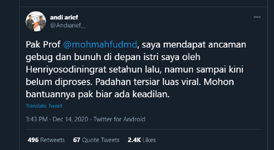 Tangkap layar unggahan Twitter Andi Arief