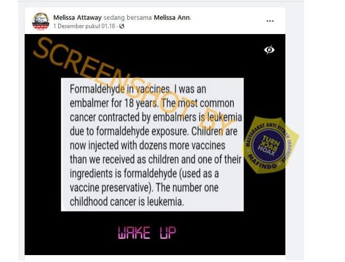Tangkapan layar informasi hoaks yang mengklaim bahwa kandungan Formaldehida pada vaksin Covid-19 dapat menyebakan kanker Leukimia pada anak. 
