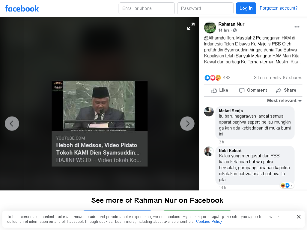 Tangkapan layar unggahan video Din Syamsuddin yang diklaim  menyampaikan Pelanggaran HAM Indonesia di Majelis PBB