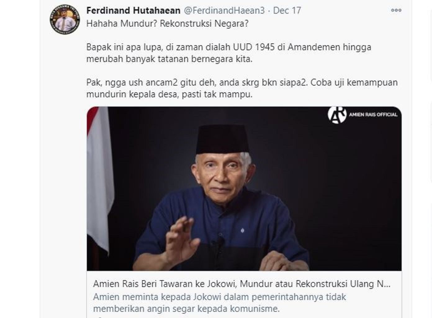 Tangkap lauar Cuitan mantan anak buah SBY di Partai Demokrat, Ferdinand Hutahaean untuk Amien Rais.