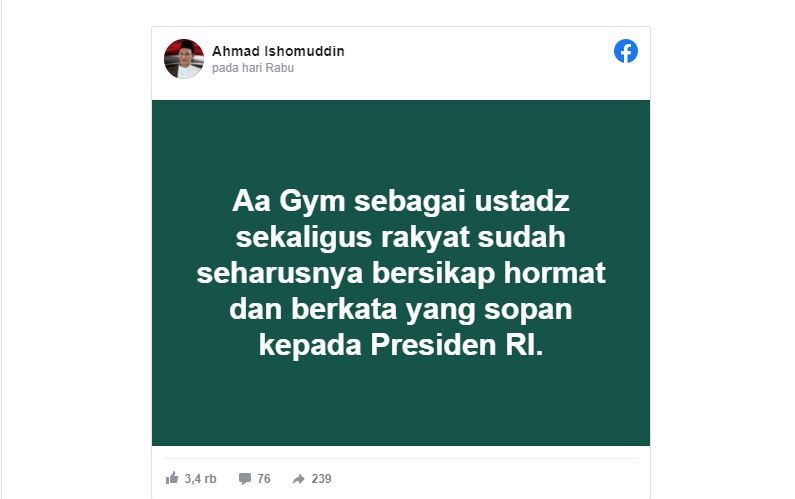 Tangkap layar Facebook Ketua Pengurus Besar Nahdlatul Ulama (PBNU), KH Ahmad Ishomuddin (Gus Ishom).