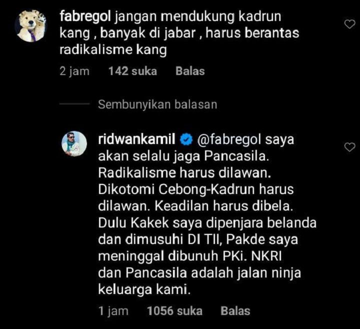 Tangkapan layar komentar Ridwan Kamil di Instagramnya.