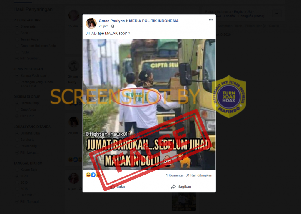 Tangkapan layar hoaks anggota FPI memera sopir truk.