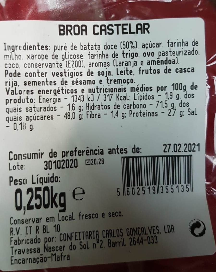 Label kandungan bahan Broa Castelar