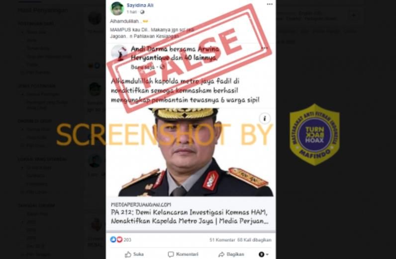 Tangkapan layar unggahan hoaks dari akun Sayidina Ali