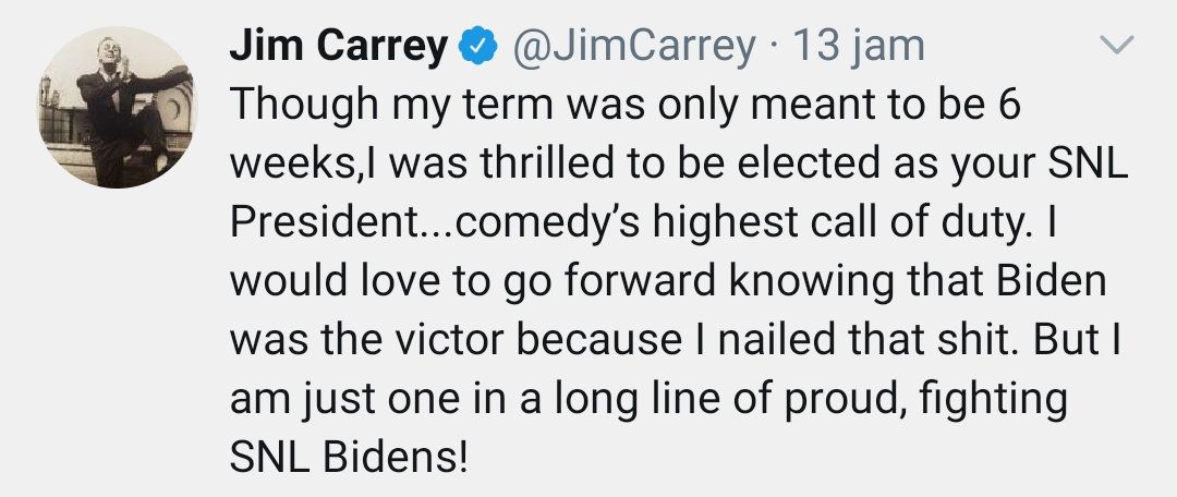 Cuitan Jim Carrey saat memerankan Presiden terpilih  Amreka Serikat, Joe Biden