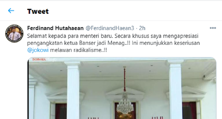 Unggahan Ferdinand Hutahaean di akun Twitternya