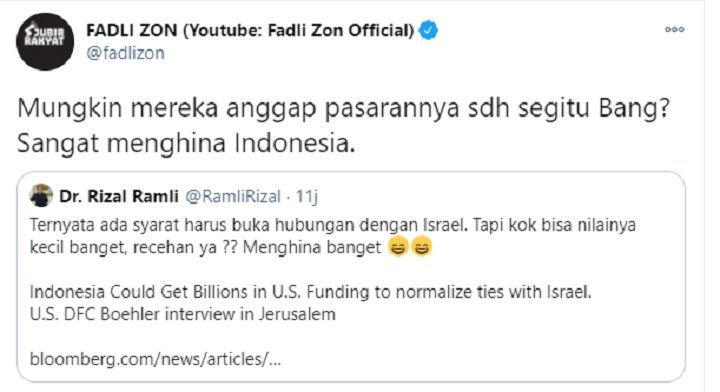  Politisi Gerindra Fadli Zon membuat status bernada geram di Twitter. Cuitannya kali ini sebagai respon dari unggahan milik ekonom Rizal Ramli soal penghinaan Amerika Serikat pada Indonesia