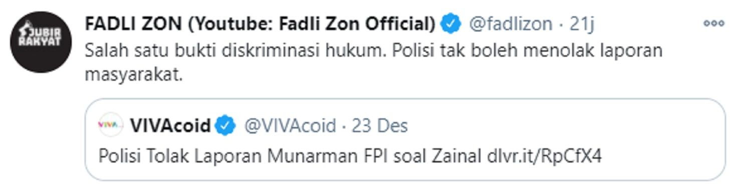 Tangkapan layar unggahan Fadli Zon. 