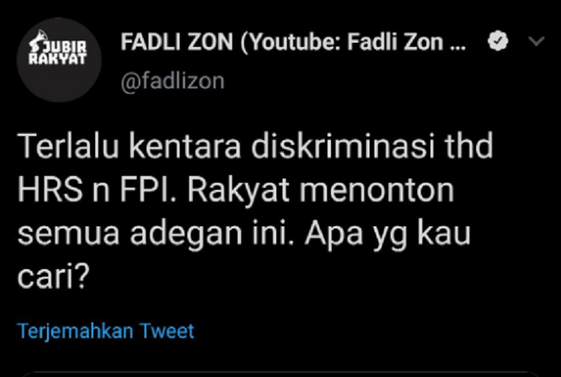 Cuitan Fadli Zon dalam laman Twitter miliknya