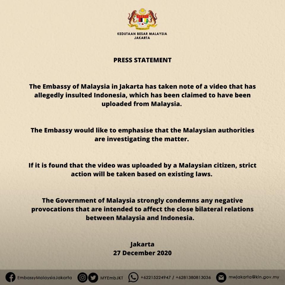 Pernyataan resmi Kedutaan Besar Malaysia terkait video parodi lagu Indonesia Raya.