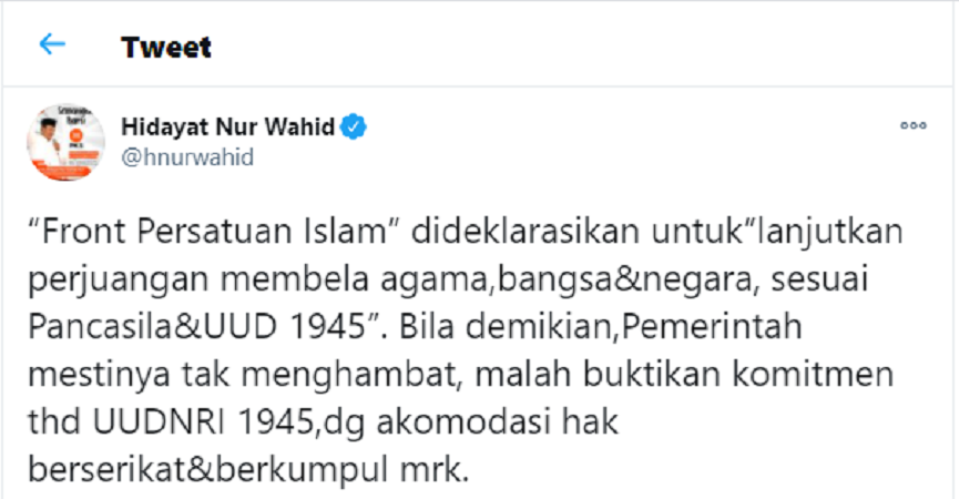 Tangkap Layar Unggahan Twitter Hidayat Nur Wahid