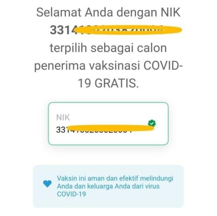 Contoh hasil pengecekan daftar penerima Vaksin Covid 19 di pedulilindungi.id.