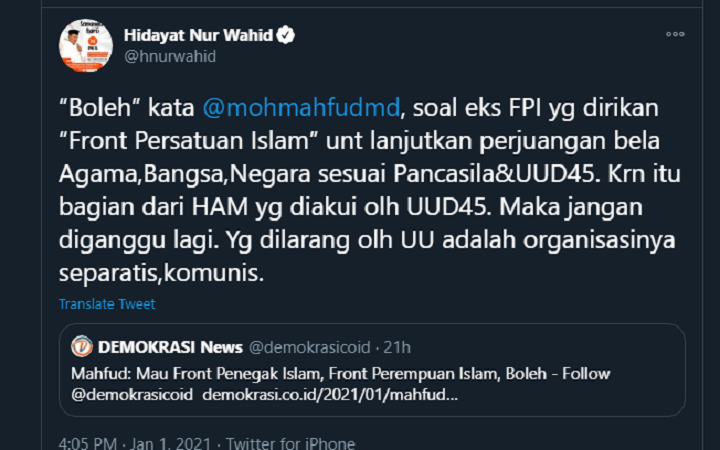 Tangkapan ayar unggahan Hidayat Nur Wahid. 