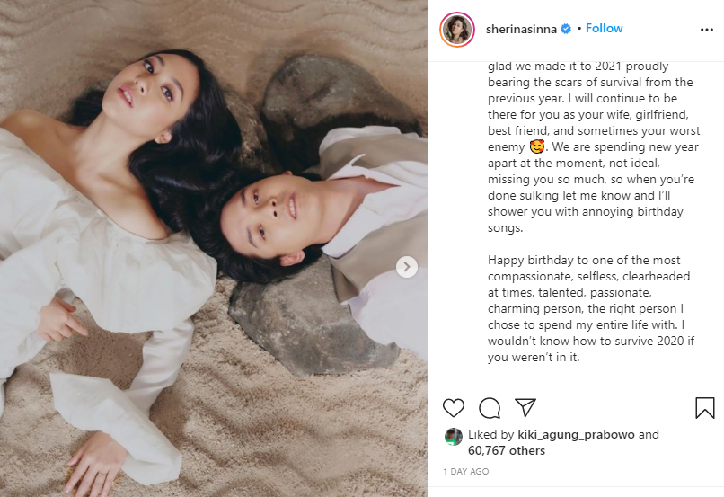 Tangkapan latyar Instagram Sherina berisi ucapan ulang tahun kepada suaminya Baskara Mahendra