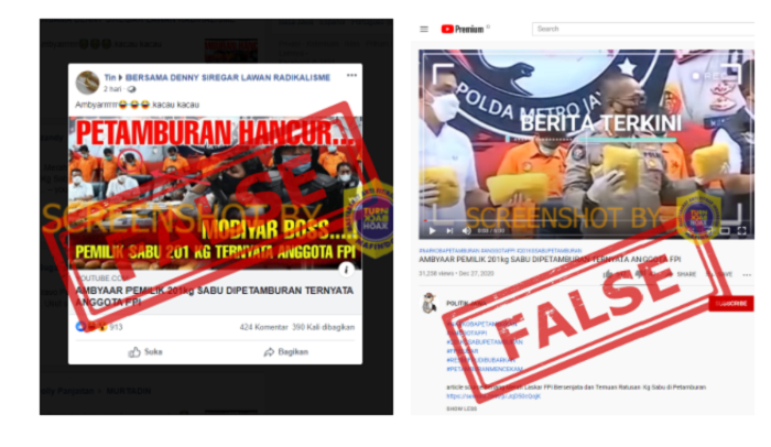 Tangkapan layar hoaks FPI pemilik sabu di Petamburan. /Dok. Turnbackhoax.id