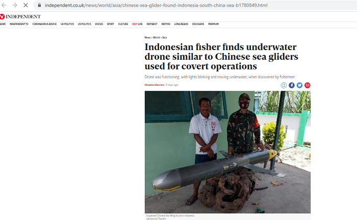 Tangkapan layar media asing yang menyoroti penemuan drone diduga milik kapal selam Tiongkok di Pulau Selayar, Sulawesi Selatan.*
