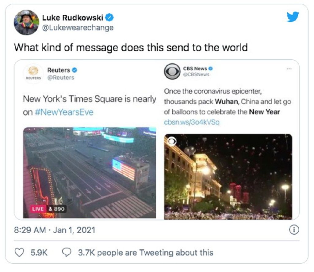 Akun Twitter milik Luke Rudkowski @Lukewearchage memposting twit dua kantor berita ternama yang memposting suasana Malam Tahun Baru di Wuhan dan Times Square.