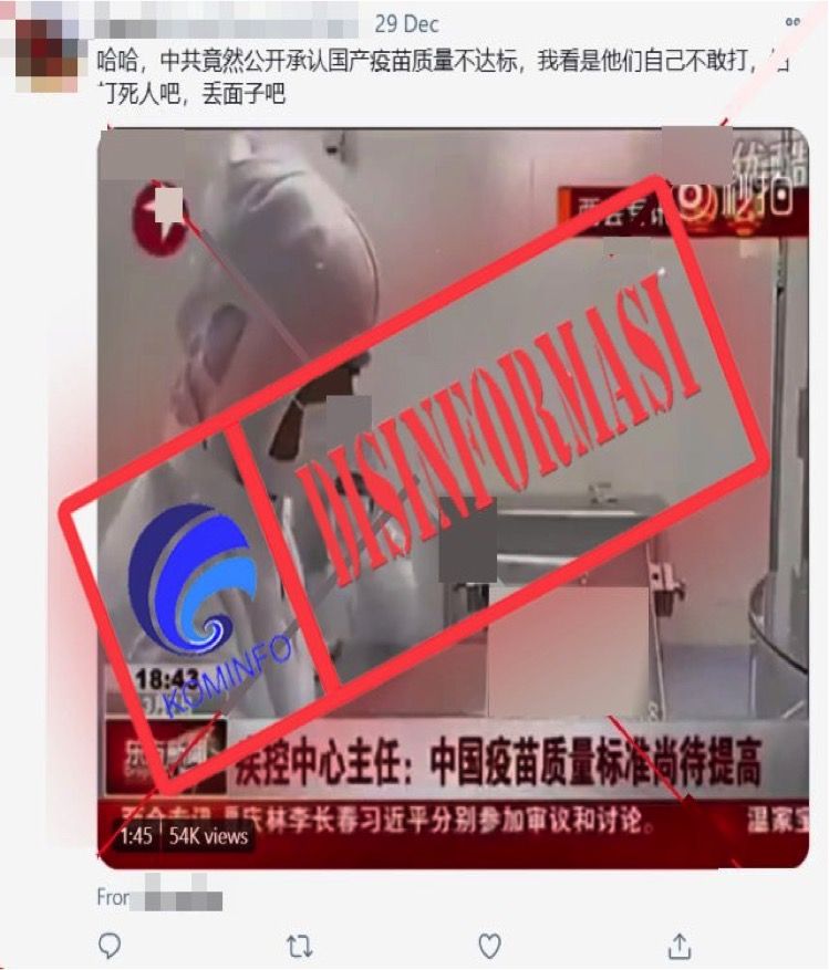 Kabar hoaks yang menyebutkan vaksin asal China tak layak pakai.
