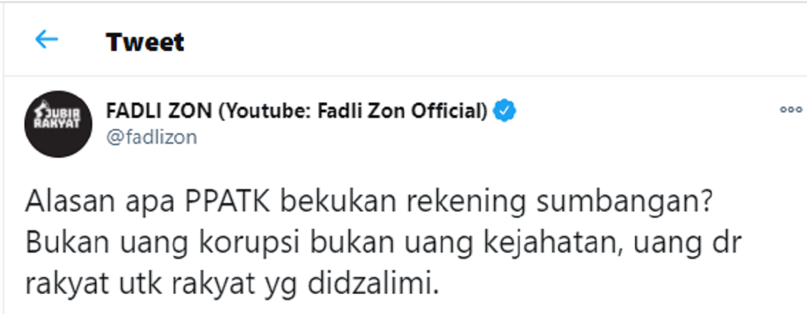Tangkap layar unggahan Twitter Fadli Zon