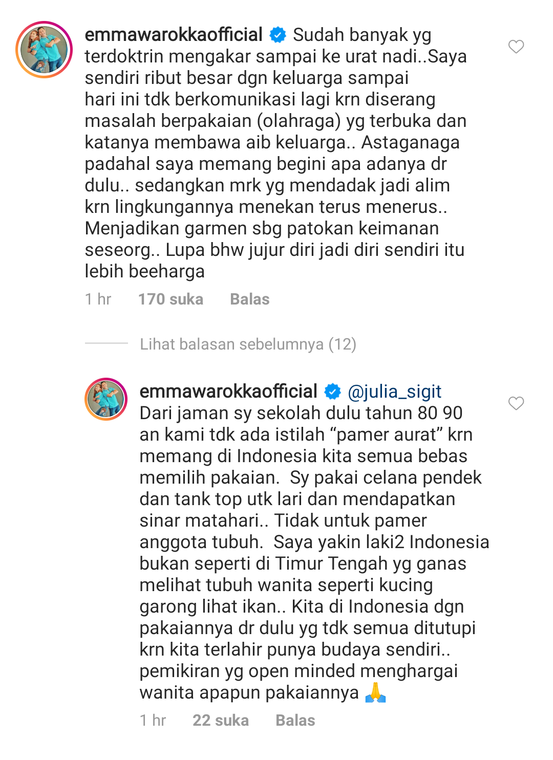 Komentar Emma Waroka dalam postingan Instagram Islah Bahrawi