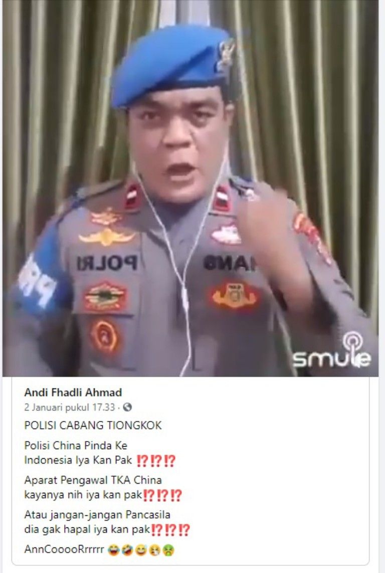 Tangkapan layar hoaks polisi Indonesia yang disebut pindahan dari kepolisian China.