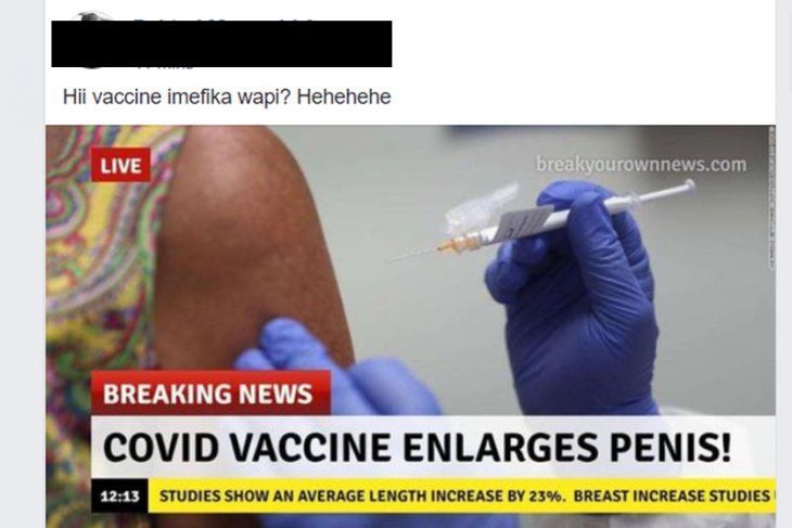 Tangkapan layar akun Facebook yang mengunggah "breaking news" tentang "vaksin COVID-19 yang memperbesar penis". (Facebook)/Antara
