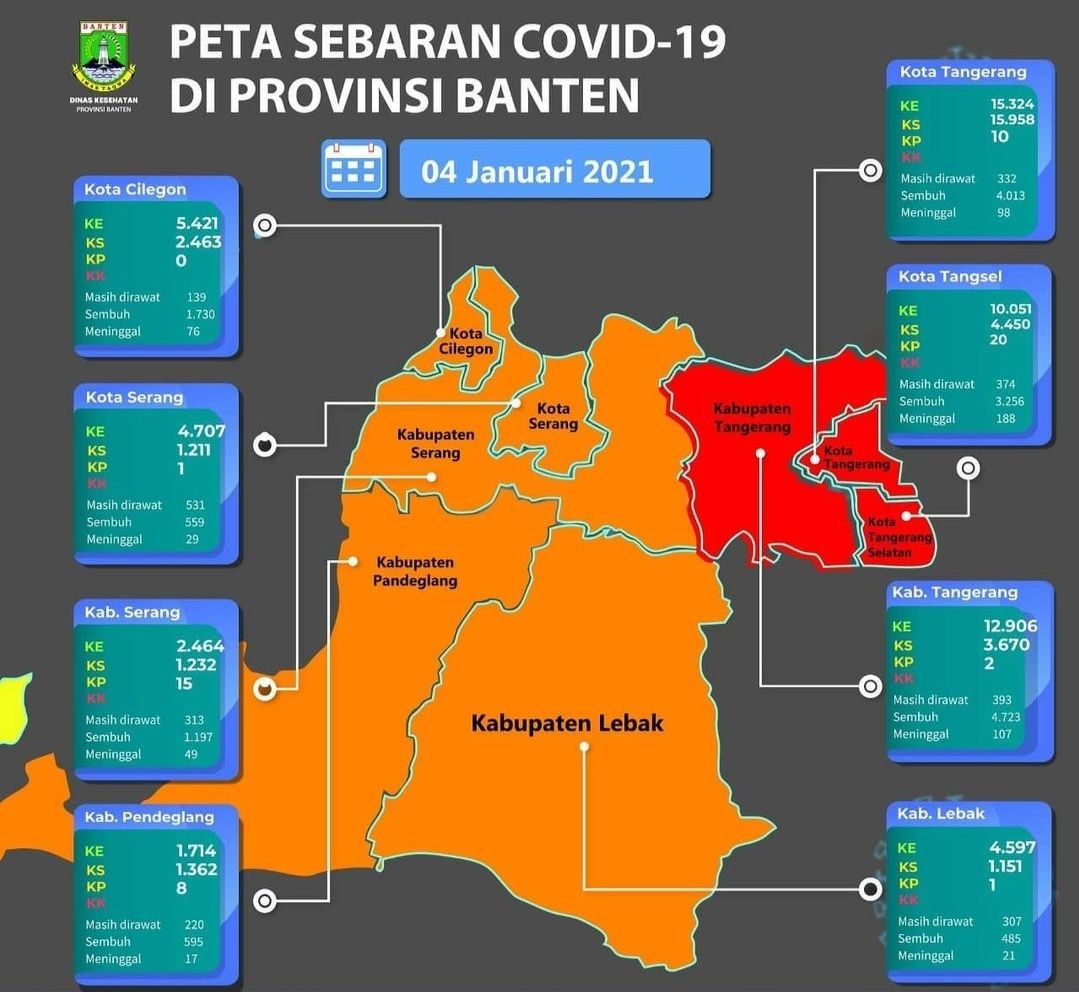 Peta risiko zonasi Covid-19 Provinsi Banten per tanggal 4 Januari 2021.