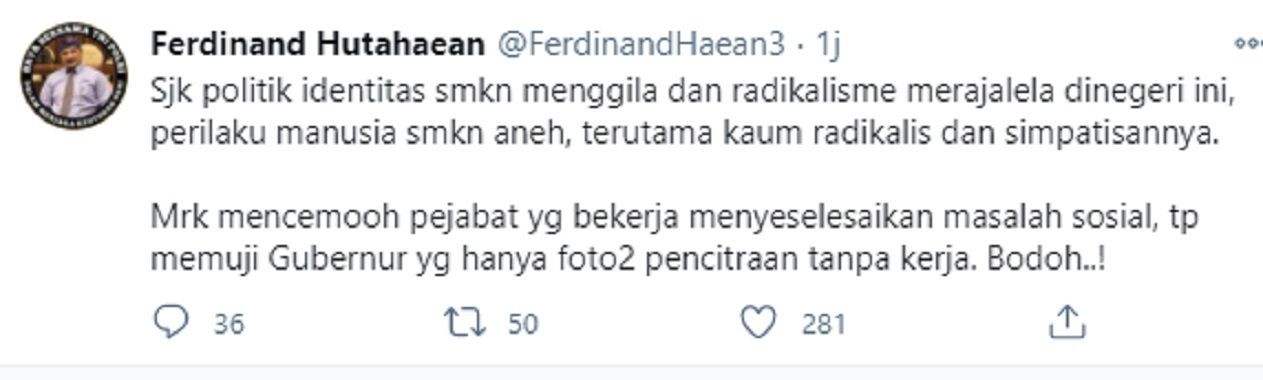 Tangkapan layar unggahan Ferdinand Hutahaean. /@FerdinadHaean3