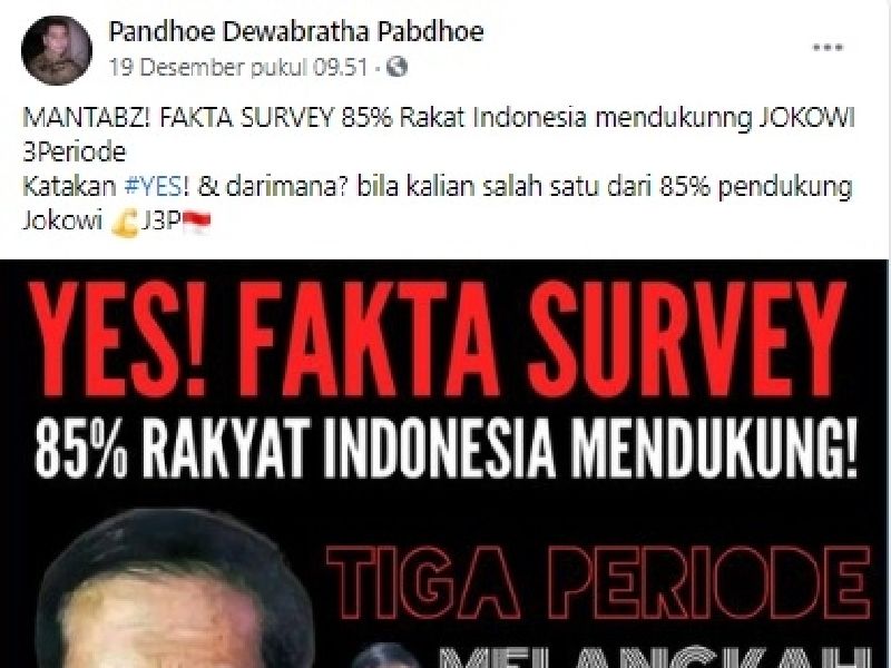 Tangkapan layar klaim yang menyebutkan survei 85 persen masyarakat Indonesia dukung Jokowi tiga periode.