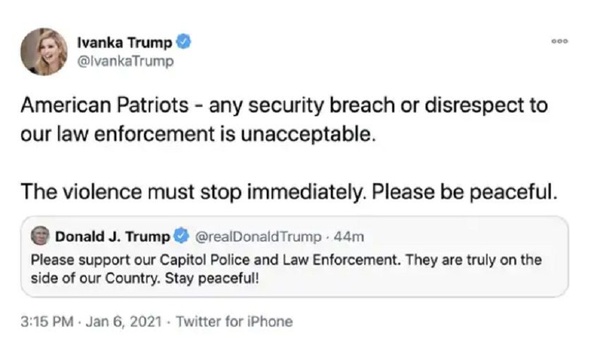 Tangkapan layar Ivanka Trump memposting tweet kontroversial saat dia me-retweet postingan suaminya yang mendesak para pendukungnya untuk tetap damai.