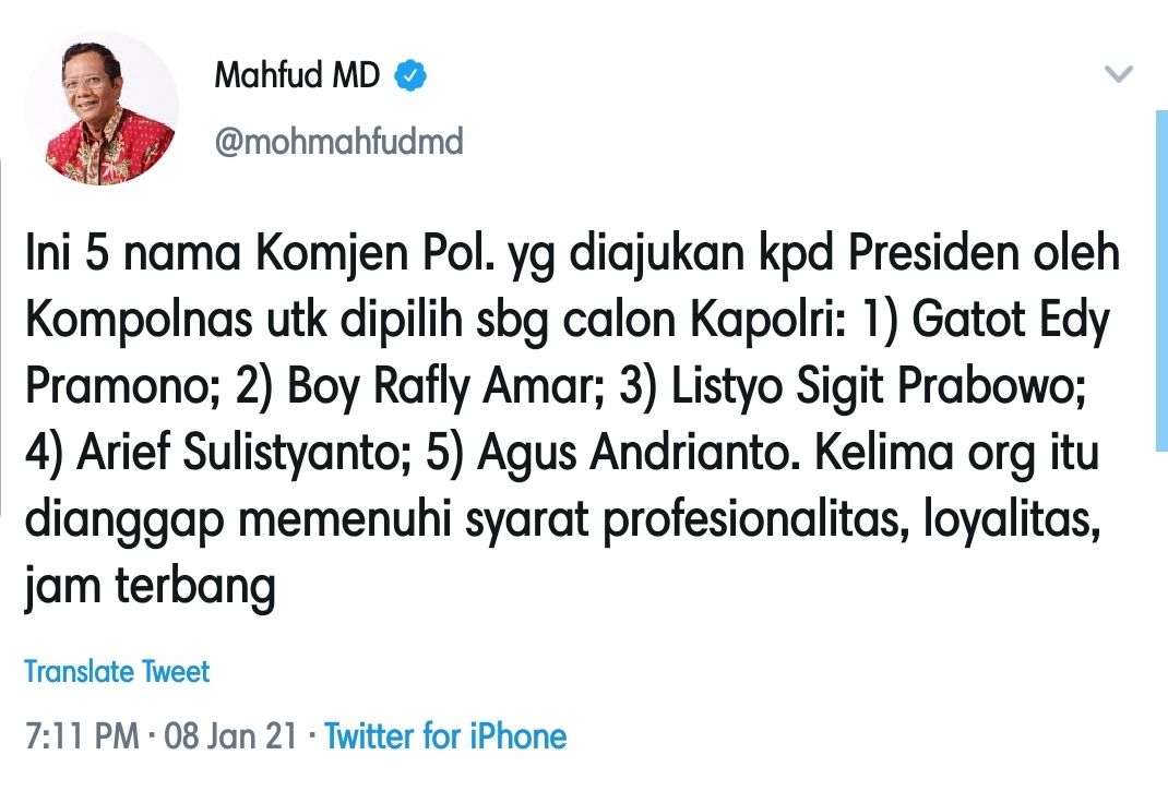 Mahfud MD bocorkan nama 5 Komisaris Jenderal Polisi Calon Kapolri