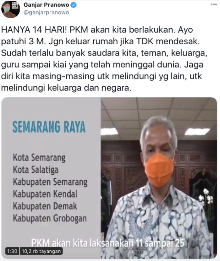 Imbauan yang disampaikan Ganjar Pranowo untuk masyarakat Jawa Tengah.*