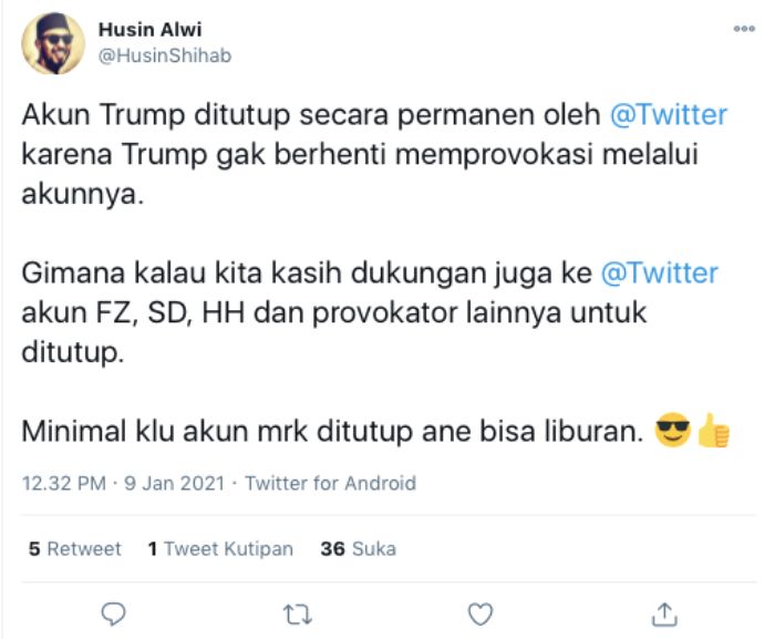 Husin Shihab beri dukungan untuk twitter bisa menutup beberapa akun  provokatif.*