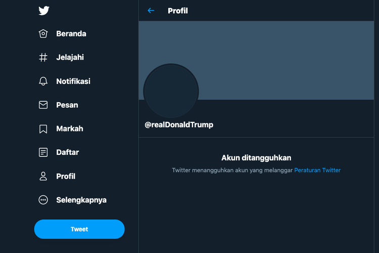 Tangkapan Layar akun Twitter Donald Trump Ditutup permanen