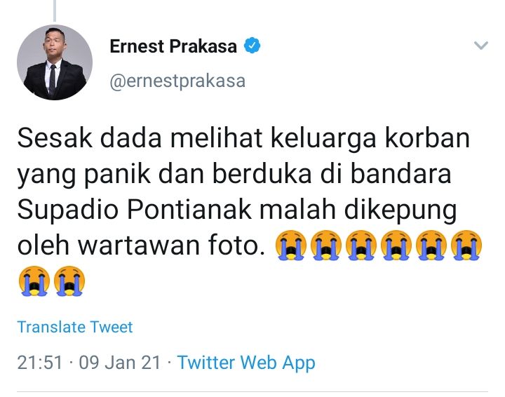 Cuitan Ernest Prakasa tentang pesawat Sriwijaya Air 182 yang jatuh di Kepulauan Seribu pada 9 Januari 2021