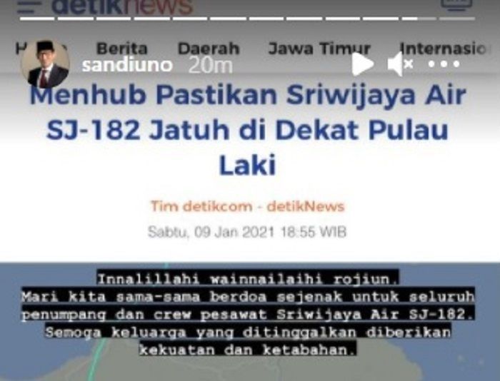 Tangkapan layar cuitan Sandiaga Uno mendoakan korban Sriwijaya Air.