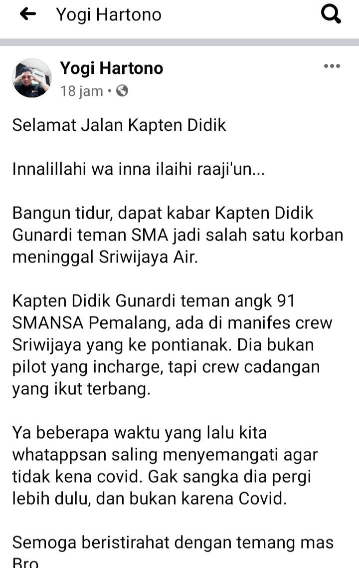 Ucapan bela sungkawa teman lama Capt Didik Gunardi  Crew Sriwijaya Air @Yogi Hartono