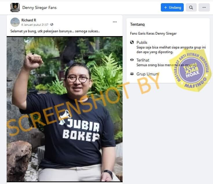 Tangkapan layar foto hoaks Fadli Zon yang mengenakan kaos Jubir Bokep. /Turn Back Hoax