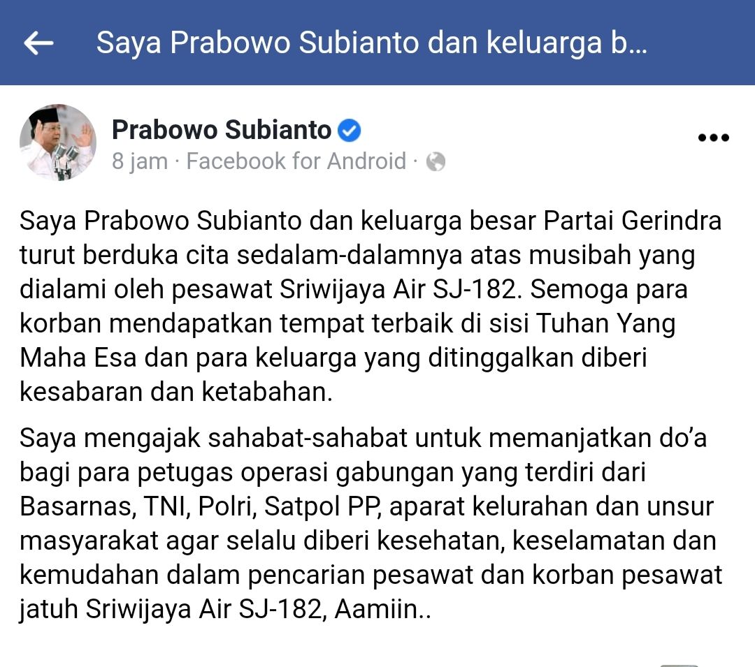 Prabowo Berbela Sungkawa atas Musibah Sriwijaya Air SJ-182, Nitizen Singgung Lemahnya Oposisi