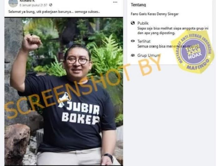 Tangkapan layar informasi hoaks yang menyebutkan bahwa Fadli Zon mengenakan baju bertuliskan Jubir Bokep.