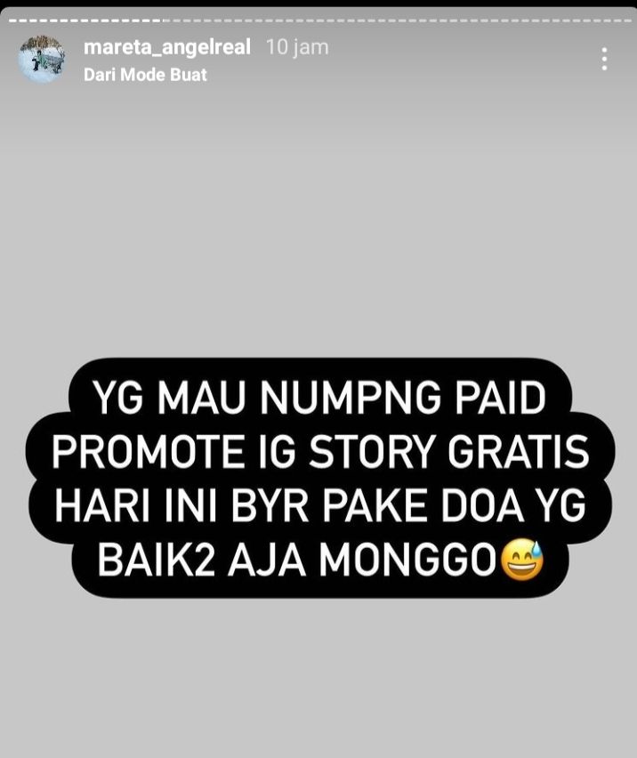 Tangkapan layar Paid promote mareta angel di story instagram 
