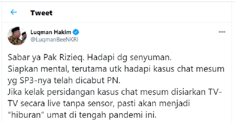 Tangkap layar unggahan Twitter Luqman Hakim