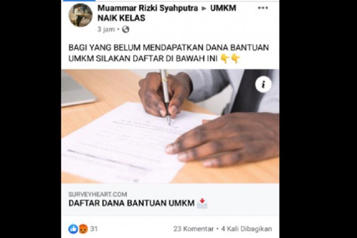 Tangkapan layar hoaks pendaftaran BLT UMKM melalui tautan daring di Facebook