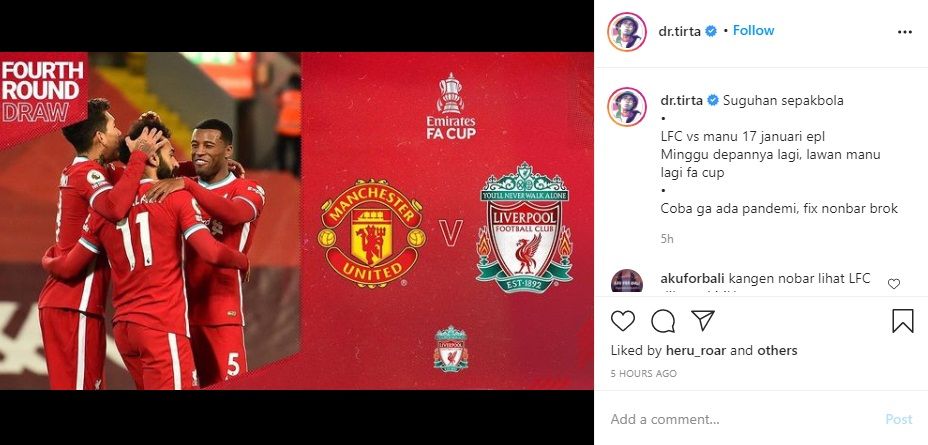 Unggahan instagram dr Tirta soal laga Manchester United vs Liverpool.