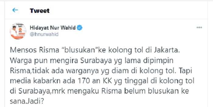 Tangkap layar unggahan Twitter Hidayat Nur Wahid