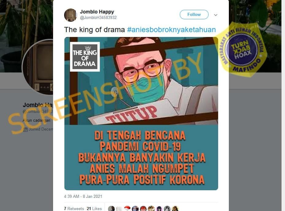 Hoaks Gubernur DKI Jakarta Anies Baswedan pura-pura terinfeksi Covid-19.